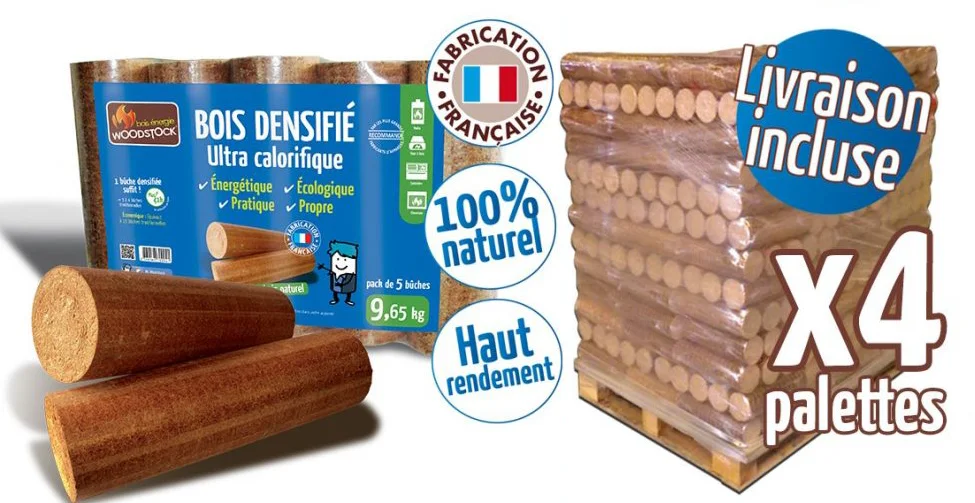 Bûches calorifiques Woodstock 4 palettes, 416 sacs de 5 bûches